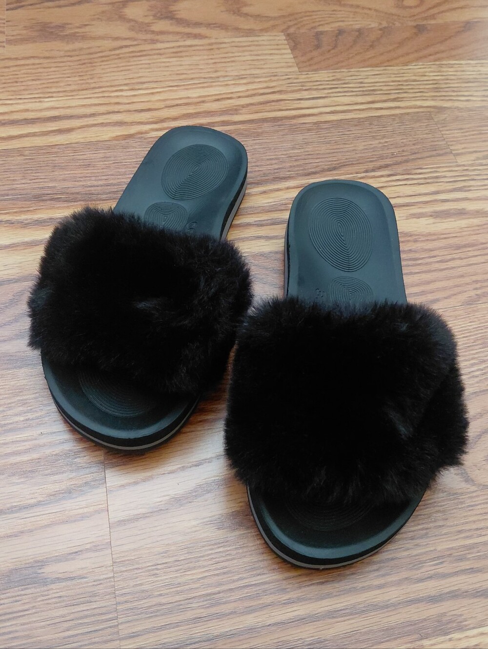 Coface Fuzzy Fur Cozy Slip On Slides Women 7.5 Black Open Toe Faux Fur Slipper